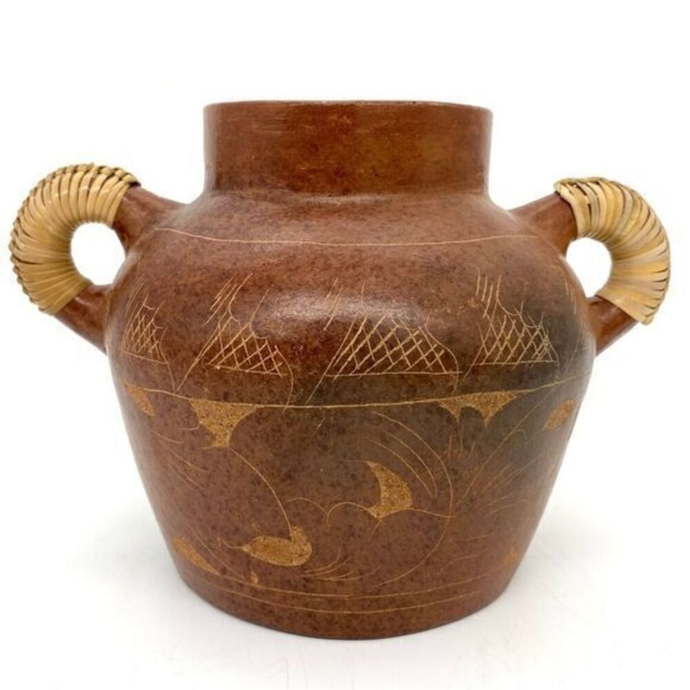 Indonesian Handmade Pottery Etched Red Clay Pot